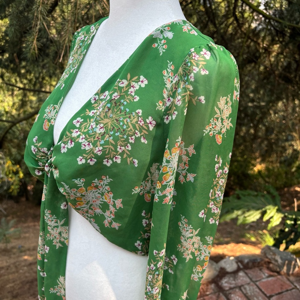 Floral Green Tie-Front Blouse - Picture 6 of 12